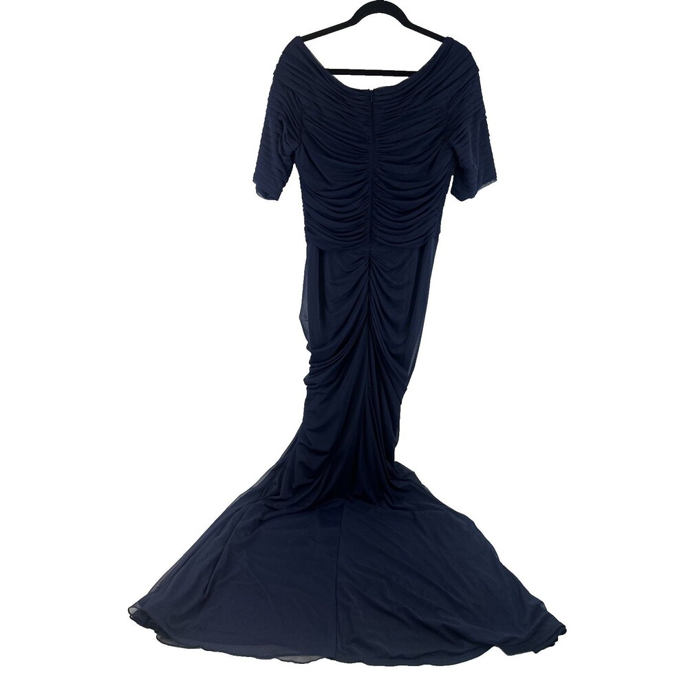 Tadashi Shoji Asymmetric Ruched Sleeve Gown Navy Chiffon Fitted Mermaid Large - Picture 8 of 16